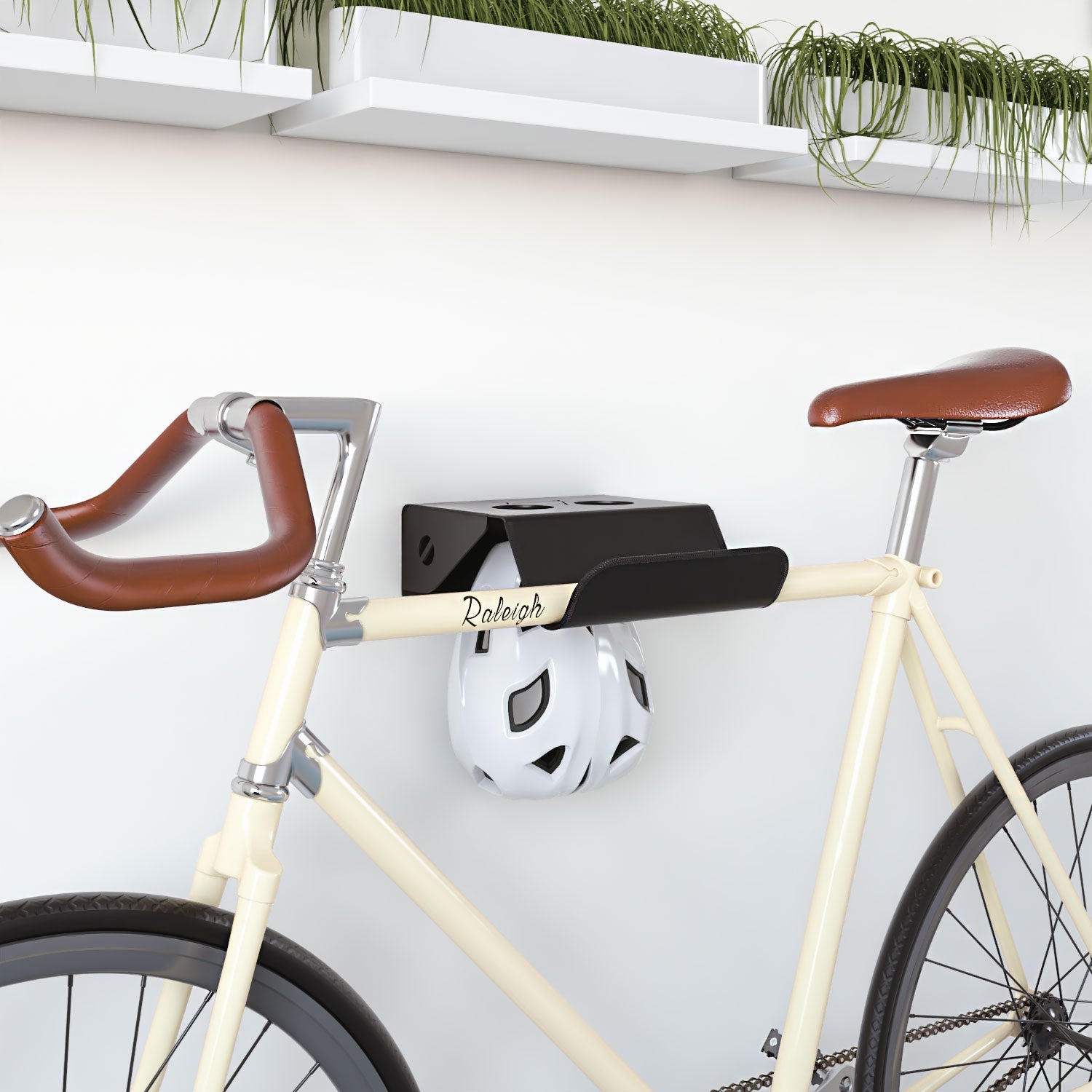 Soporte de bicicletas para pared metálico negro con gancho casco