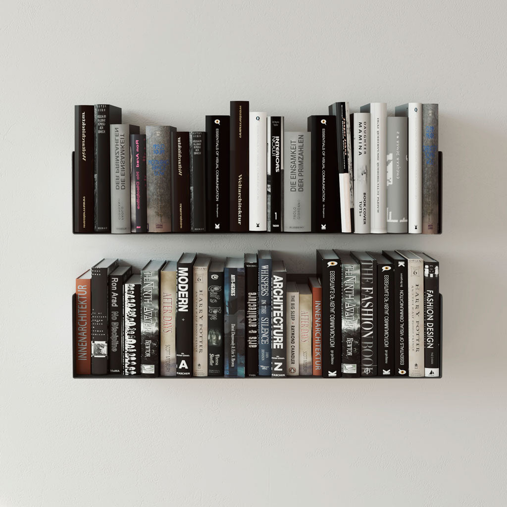 Pack 2 baldas negras para libros, anclaje en pared, acero resistente, decoración