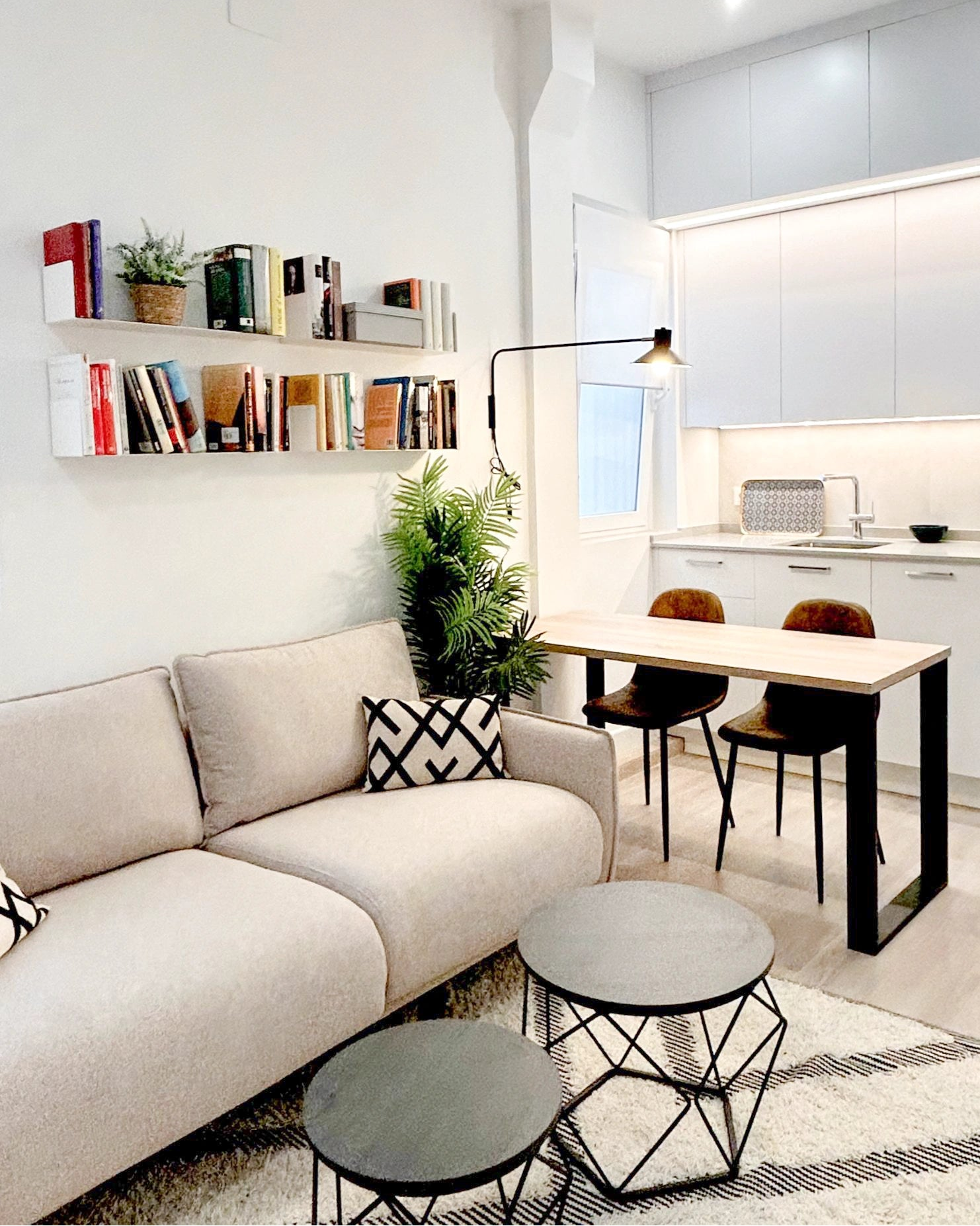 Baldas metálicas en pared de cocina con libros y planta, acero en blanco, resistentes y de diseño