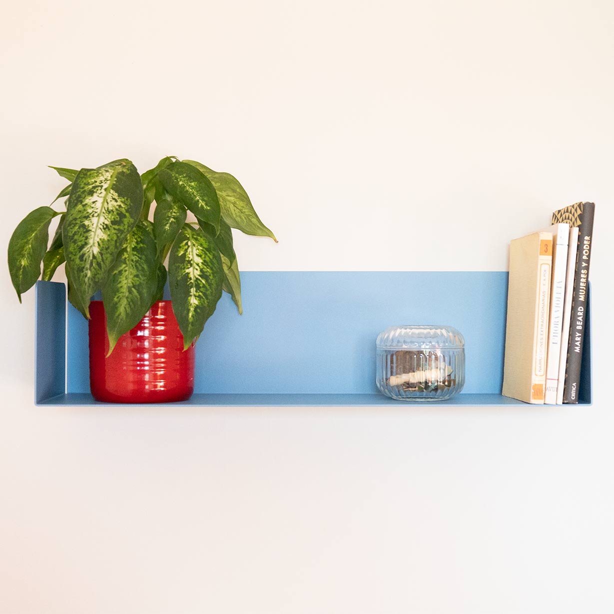 Estante flotante azul de acero para libros, cocina y decoración