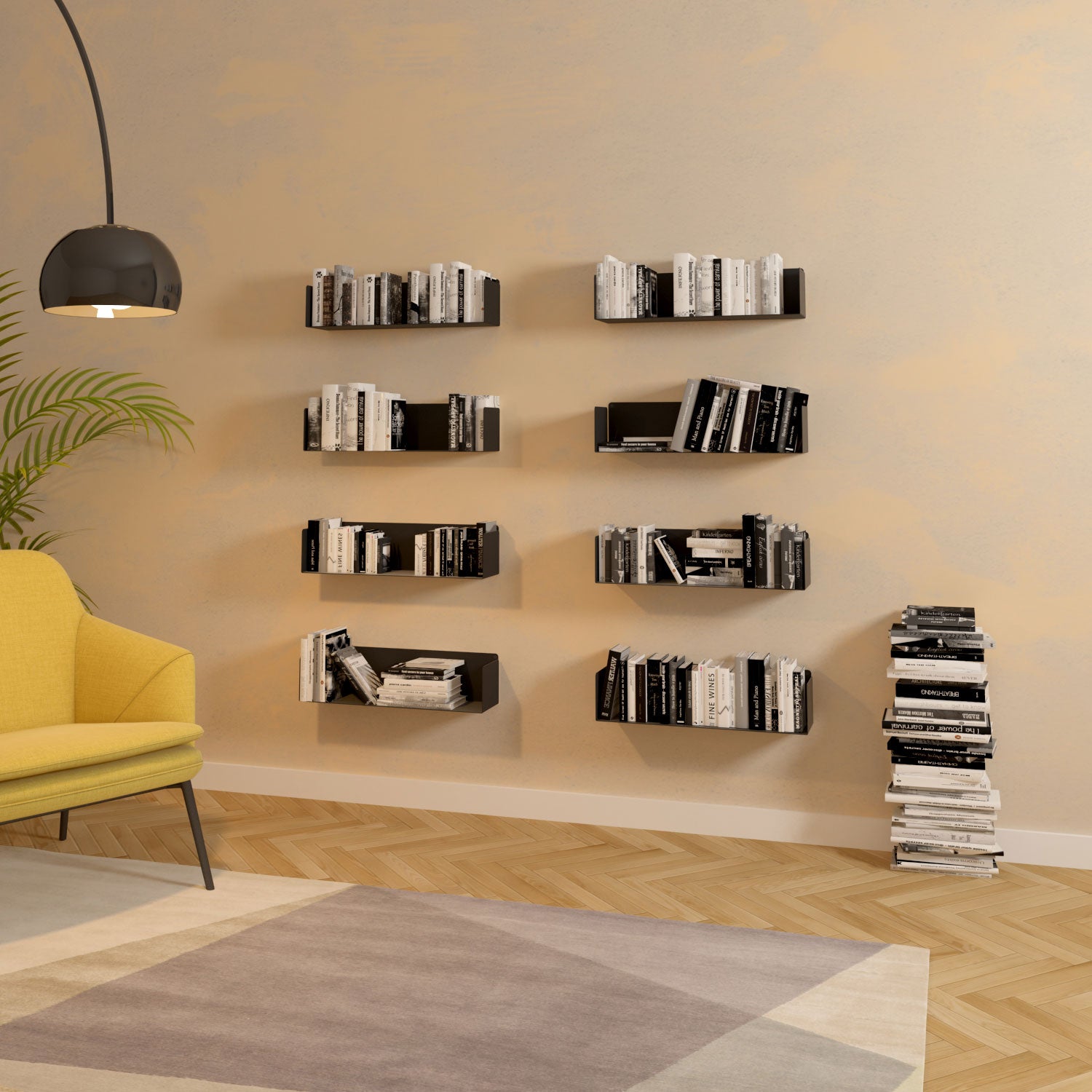 Estantes flotantes modernos de metal para libros colgando en la pared, 60cm de largo