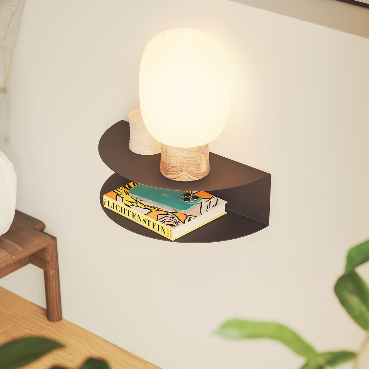 Mesita de noche negra flotante de pared, metálica, con 2 baldas para libros o lámpara, diseño minimalista