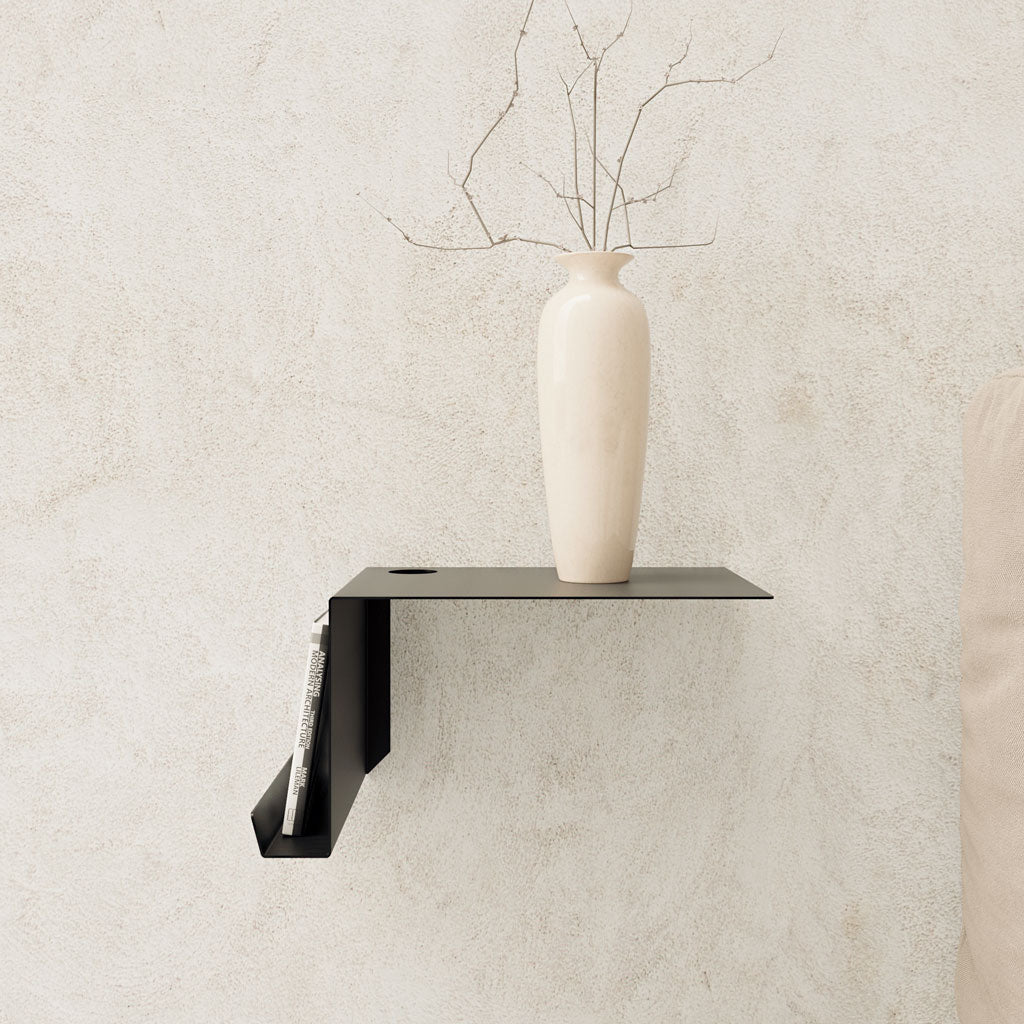 Mesita de noche flotante estrecha, metal negro, diseño moderno, balda para libros
