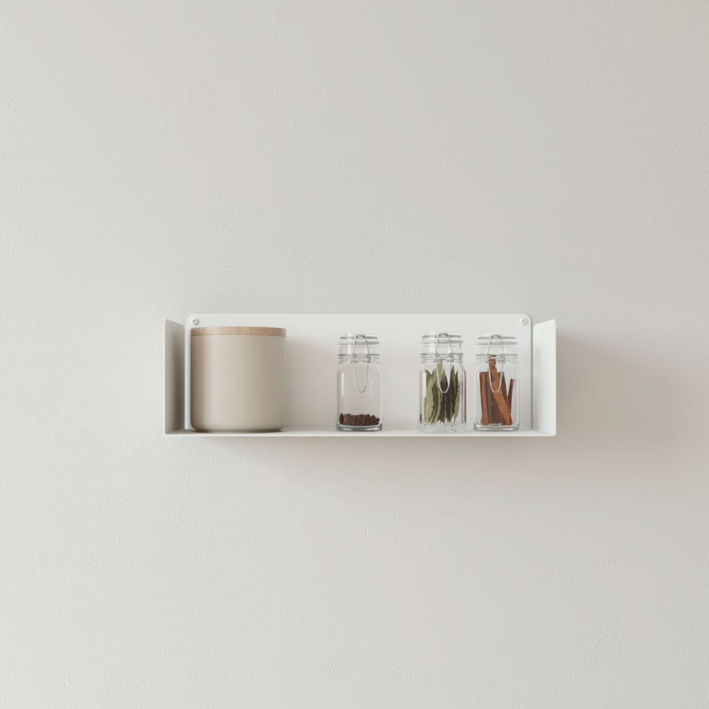 Balda flotante para cocina de pared con botes y especieros, metal blanco, 45cm