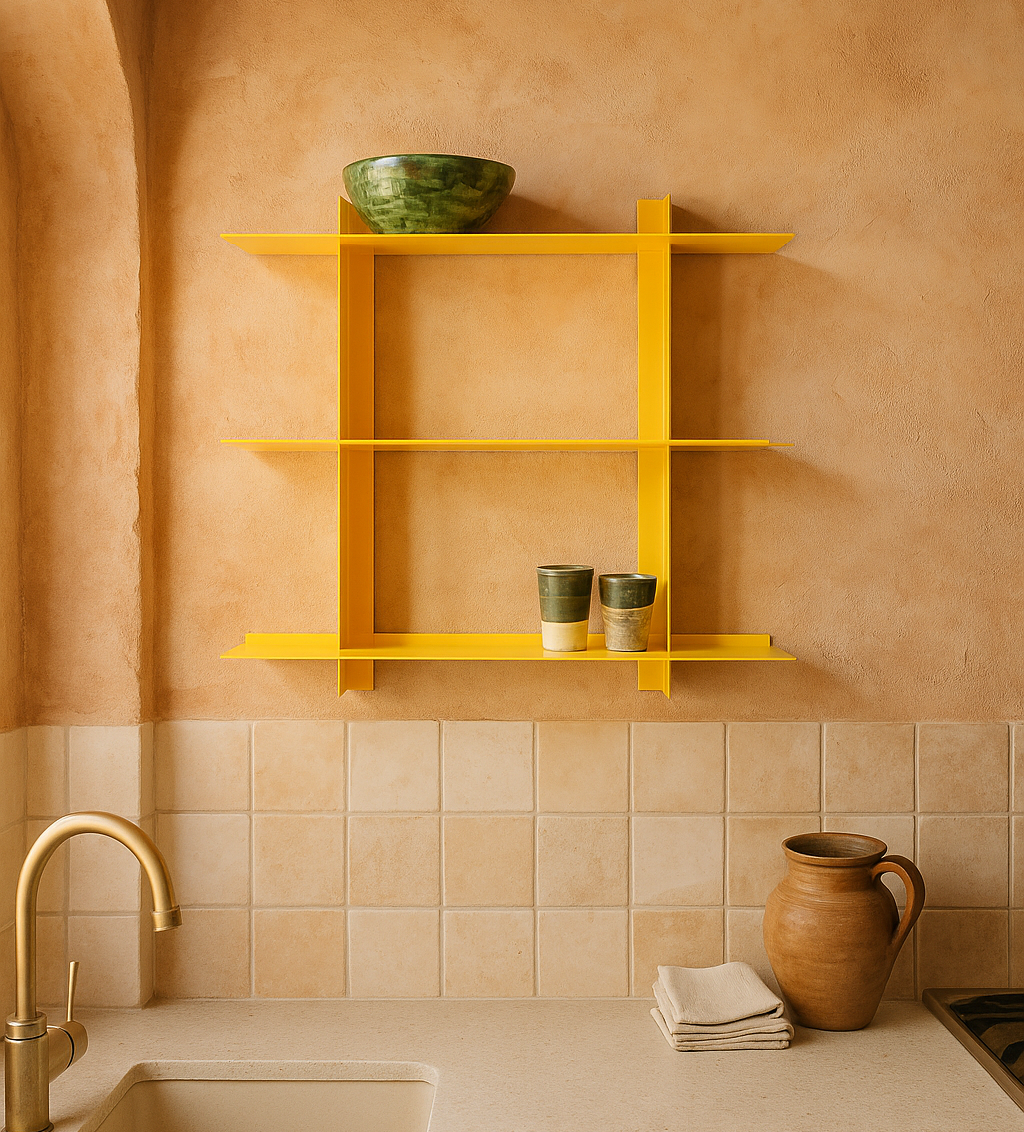 Estantería flotante en la pared de cocina con 3 baldas de acero en amarillo