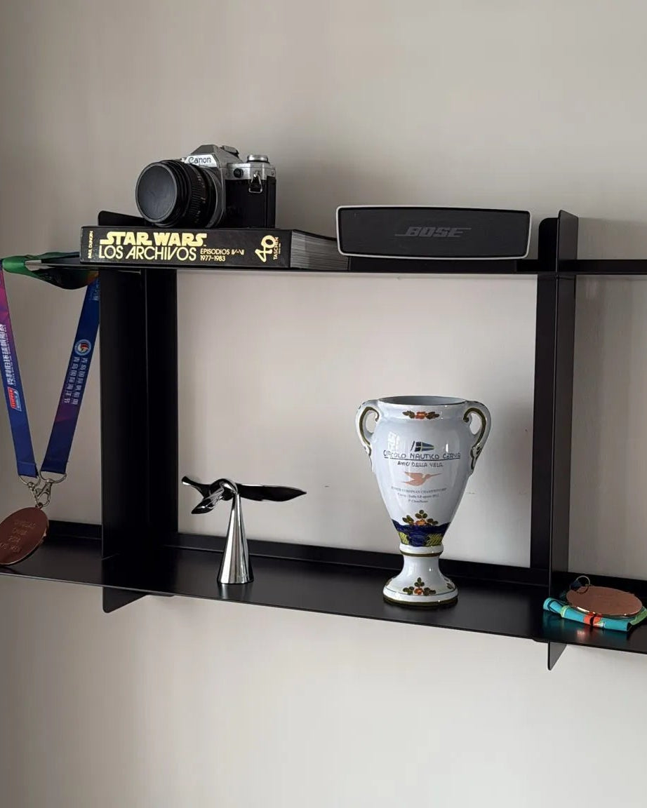 Estantería flotante de pared negra, metal, 2 baldas desplazables 