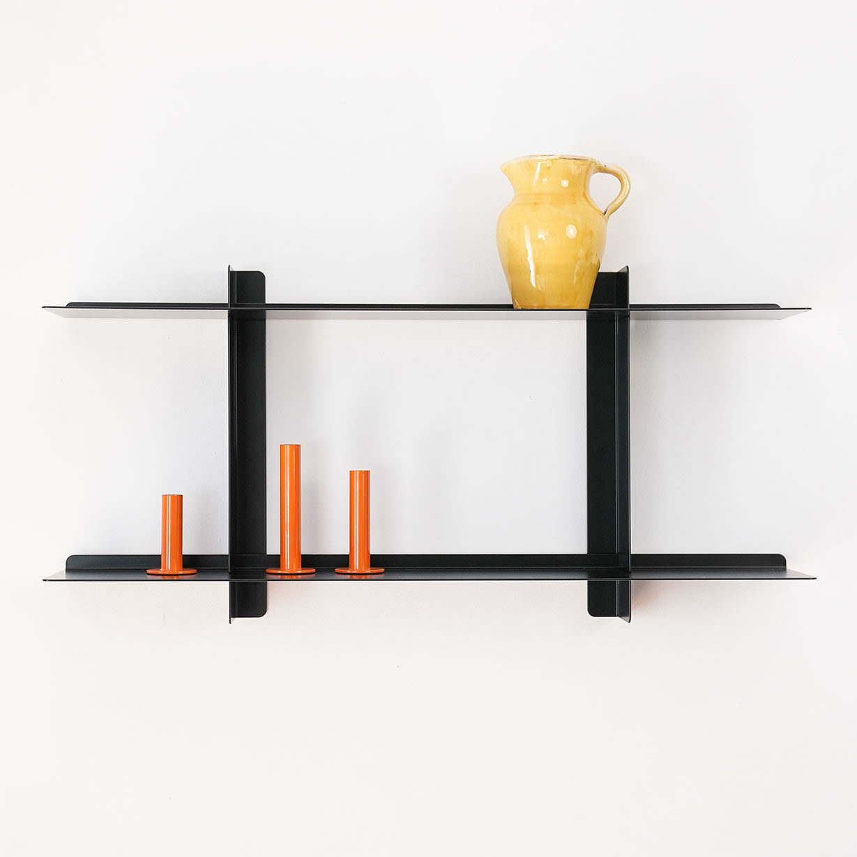 Estantes de pared originales, acero negro flotante, estructura modular, dos baldas desplazables