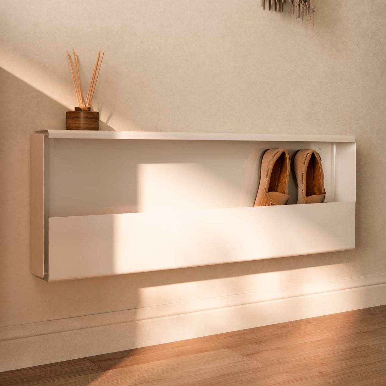 Zapatero metálico flotante pared para recibidor entrada o pasillo, balda y organizador zapatos