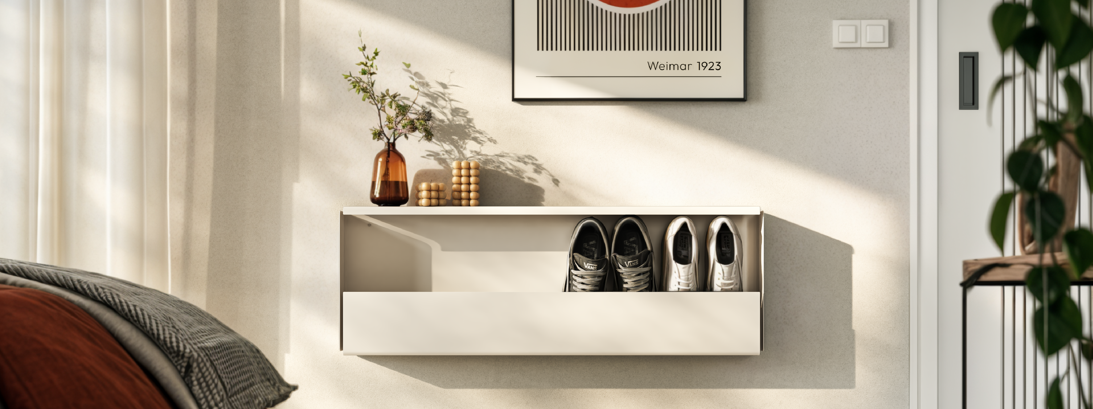 Zapatero flotante metálico para entrada recibidor, blanco, con balda para decoración, 4 pares zapatos